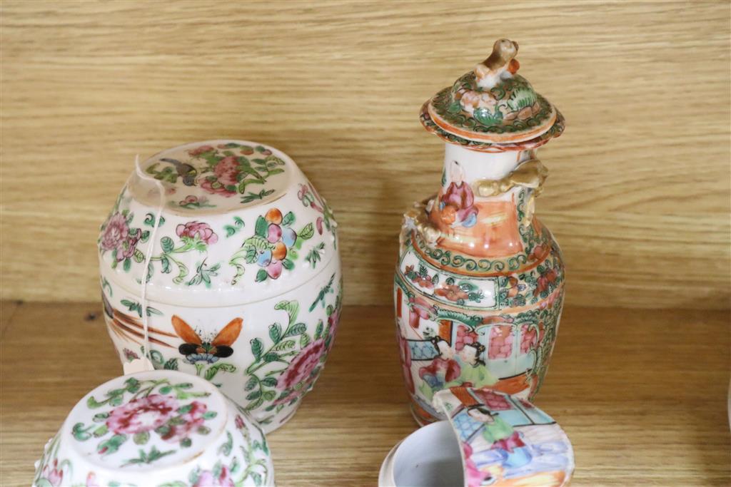 Three Chinese graduated jar and covers, three famille rose jars, a similar vase and a Chinese painting on pith paper of two gentleman,